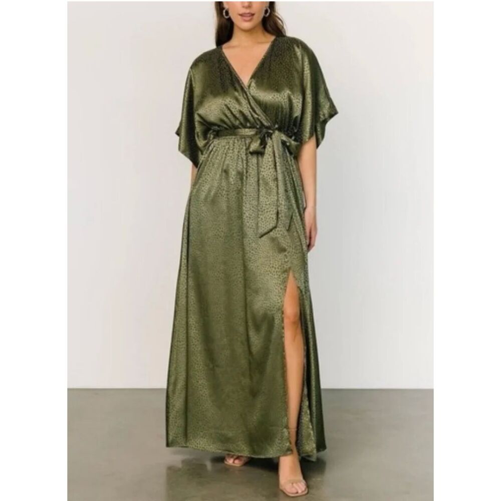 NWT BALTIC BORN Savannah Satin Olive Green Leopard Print Maxi Dress Womens Small